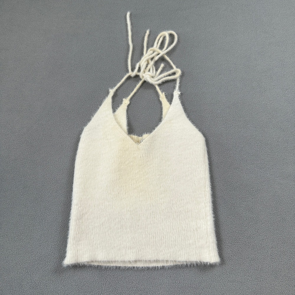 Red Berry Women Knit Halter Top S Fuzzy Ivory Sleeveless Australia Soft Back Tie